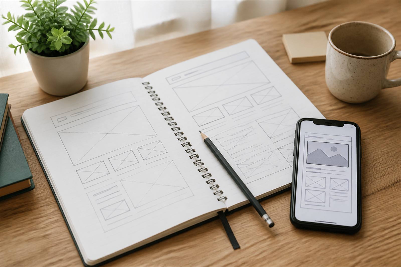 دفترچه و موبایل برای یادگیری طراحی سایت